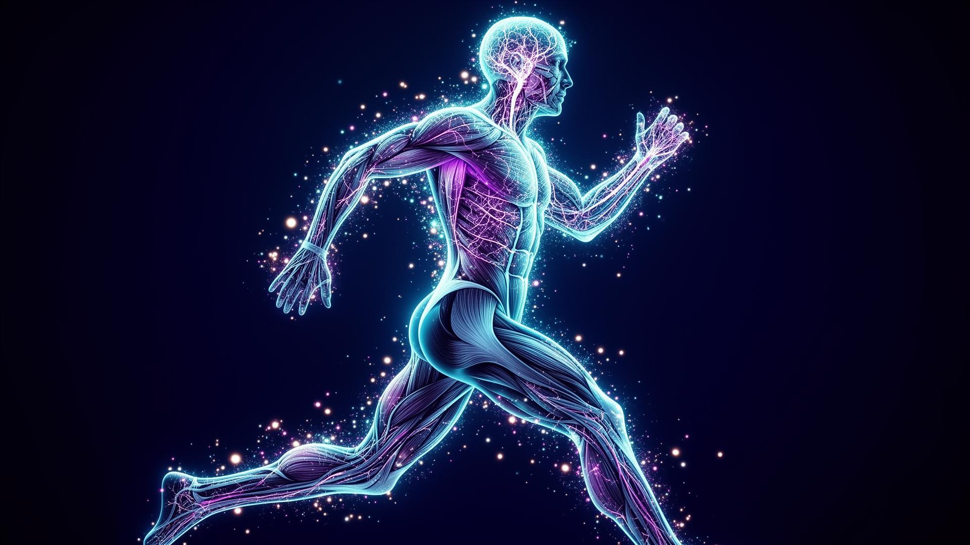 Atleta en carrera con su sistema neuromuscular iluminado — la conexión cerebro-músculo en acción